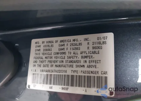 2007 Acura Tl 3.2 from USA, damaged, VIN 19UUA66247A020316